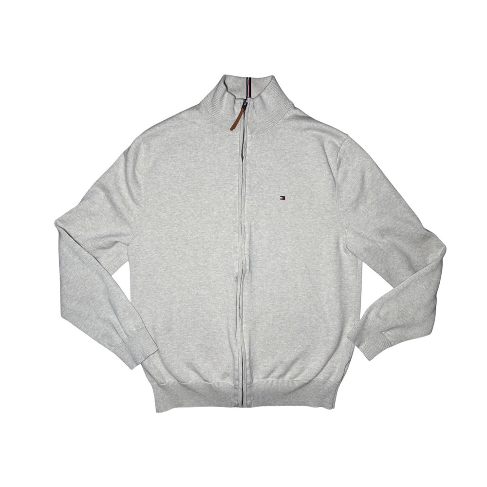 Tommy Hilfiger Full Zip Oatmeal Beige Sweater Mens XL Cotton Mock Neck